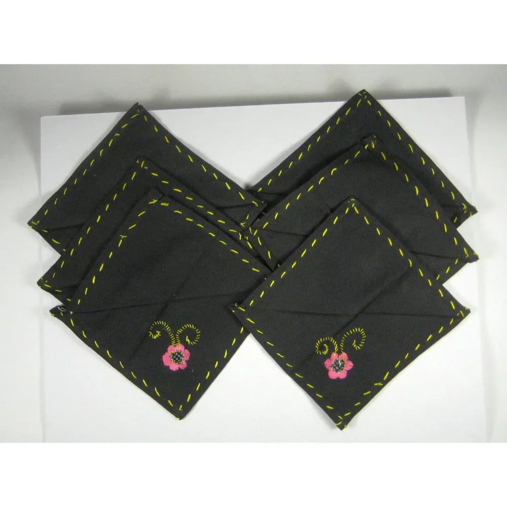 Tablecloth Napkin Set 16 Black Stitching Flowers Floral Cotton 72 x 53 In Stain